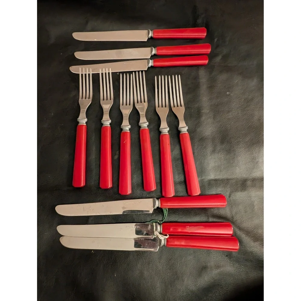 Vintage 12pc Red Bakelite Style Flatware Set Stainless Steel 6 Knives 6 Forks